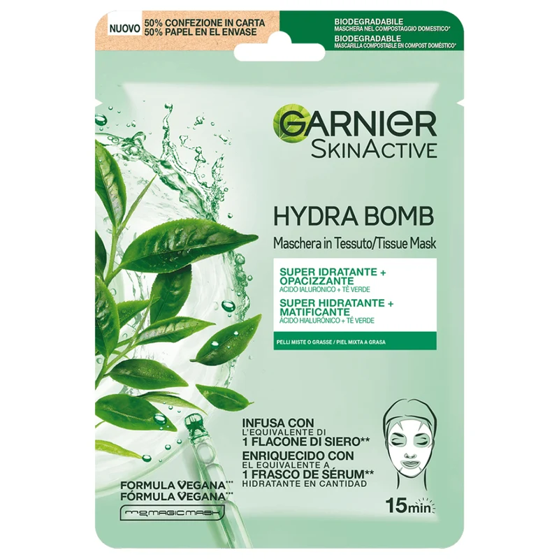 Garnier Skin Active Hydra Bomb - Maschera in Tessuto Tè Verde e Acido Ialuronico