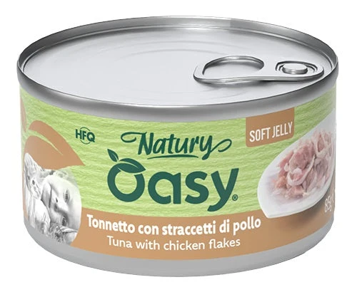 Oasy Wet Cat Natury Soft Jelly Tonnetto con Straccetti di Pollo Lattina 150 g