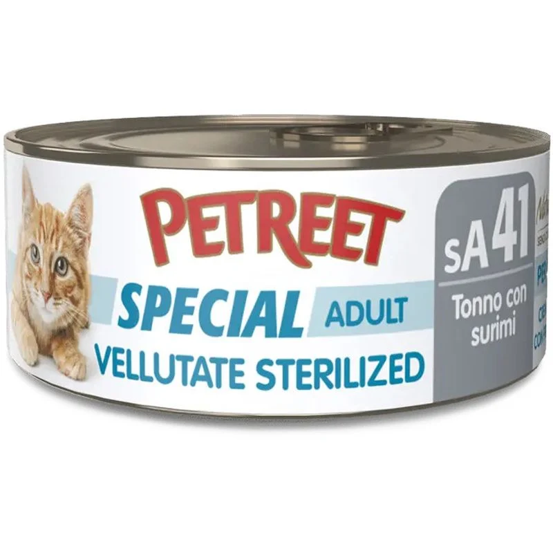 Petreet Vellutate Tonno Con Surimi Aroma Granchio Cibo Umido Gatto Sterilizzato Barattolo 70g