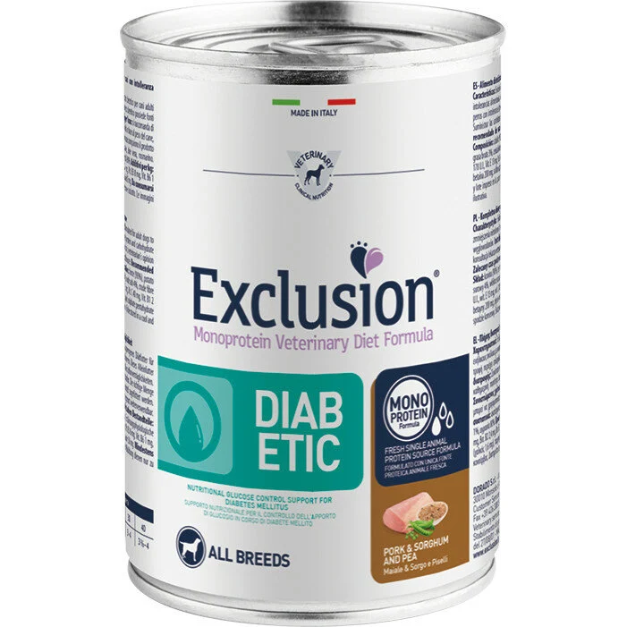 Exclusion Monoprotein Veterinary Diet Formula Diabetic Umido Suino/Sorgo/Piselli Per Cani Adulti 400